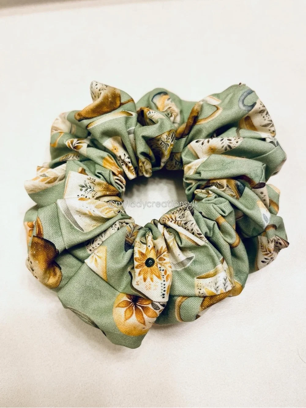 Starbucks Inspired Coffee Floral Cream Sage Brown Handmade Scrunchies